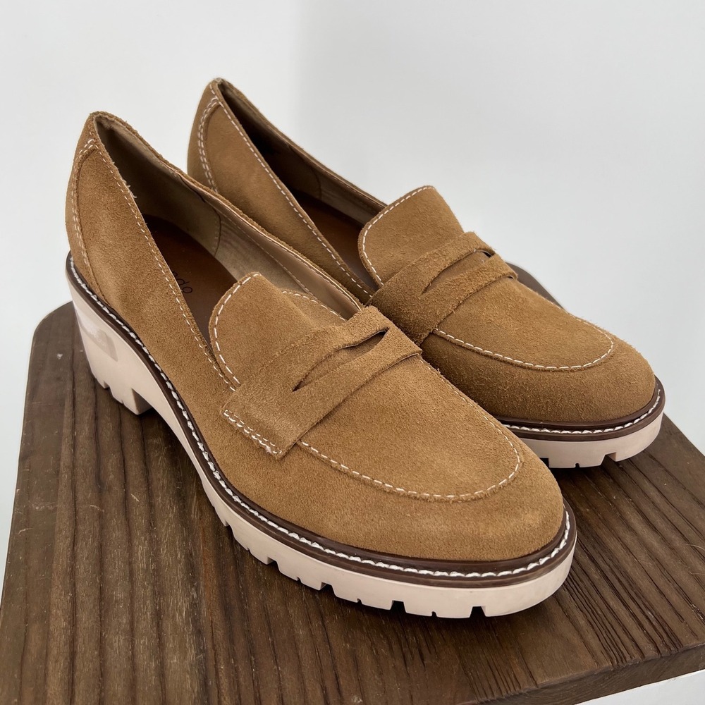Blondo Dulce Waterproof Suede Penny Loafers Camel Brown Lug‎ Sole Womens 10M